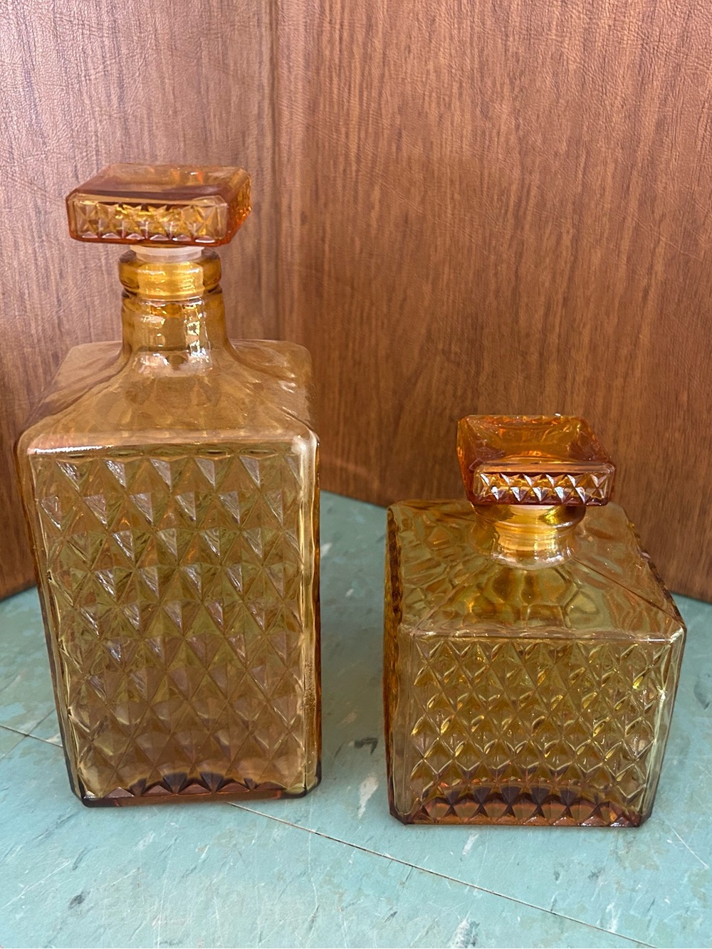 Vintage Amber Glass Diamond-Pattern Decanter Set 2 Japan